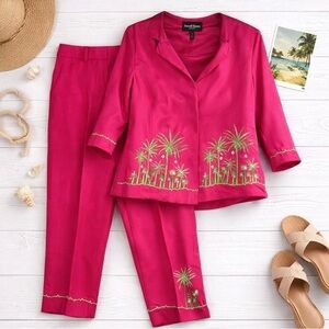 Russell Kemp Vintage Silk Pantsuit Sz 12 Embroidered Tropical Cruise Island Pink